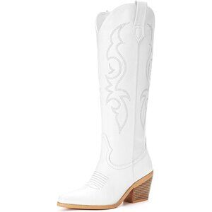 Platikly  Cowboy Boots Women White Polyurethane (PU) Wide Calf Rhinestone Boots